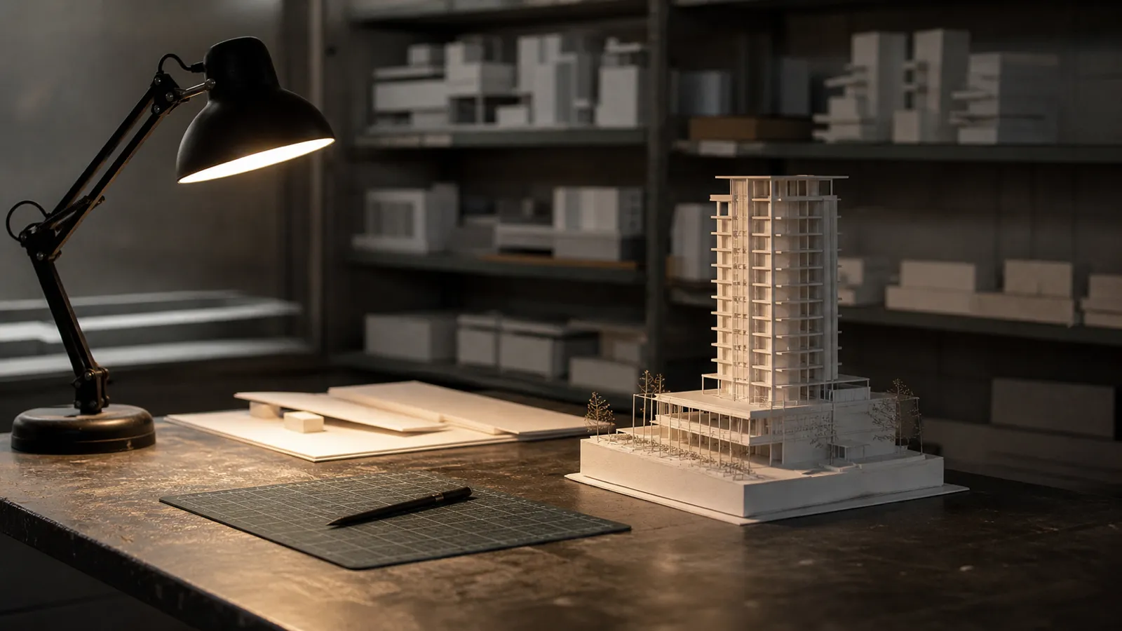 Card concept model of a residential tower on a visualisation studio bench, 3D visualiser PI insurance
