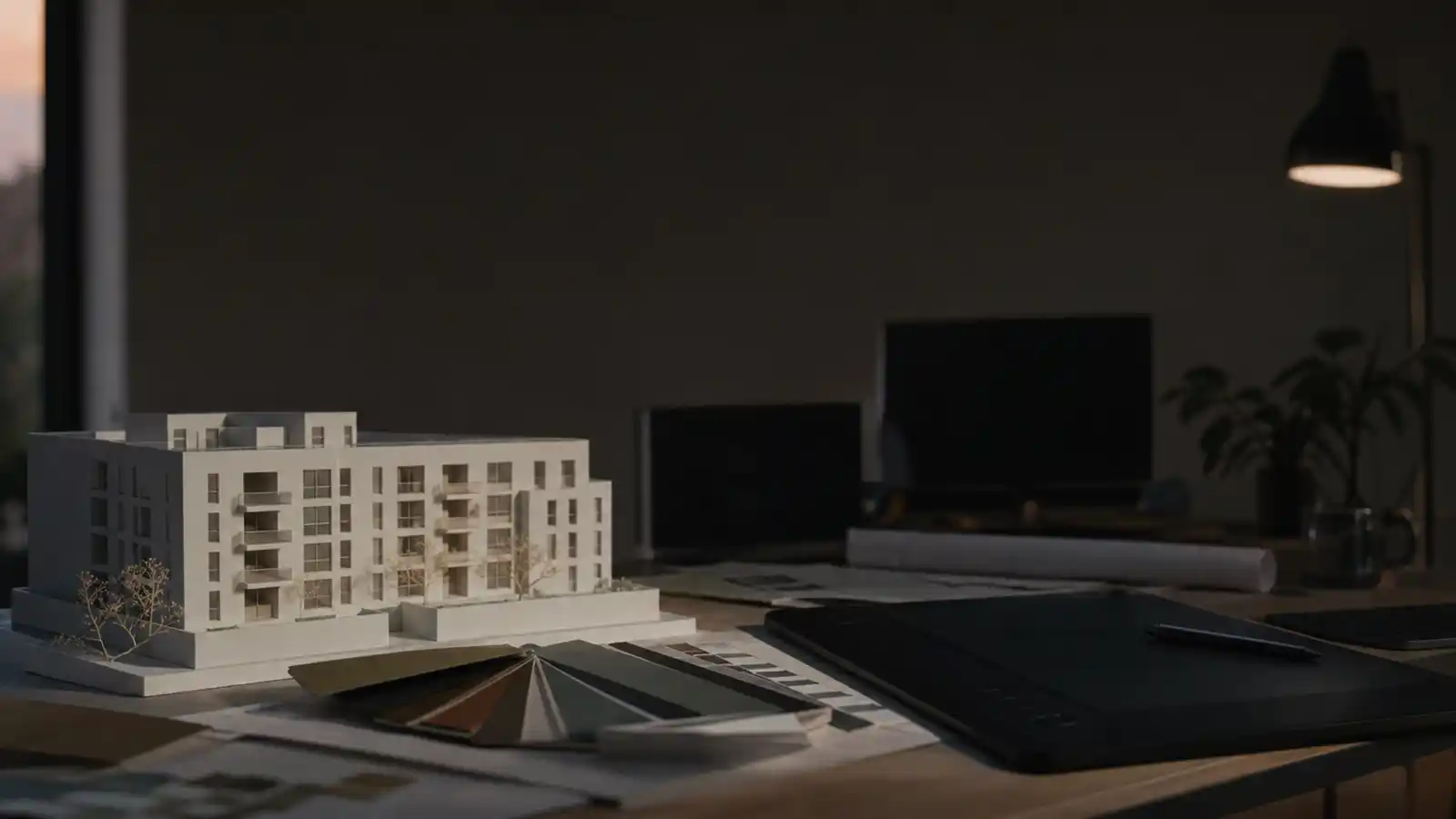 Foam architectural massing model and graphics tablet in a studio, 3D visualiser professional indemnity insurance
