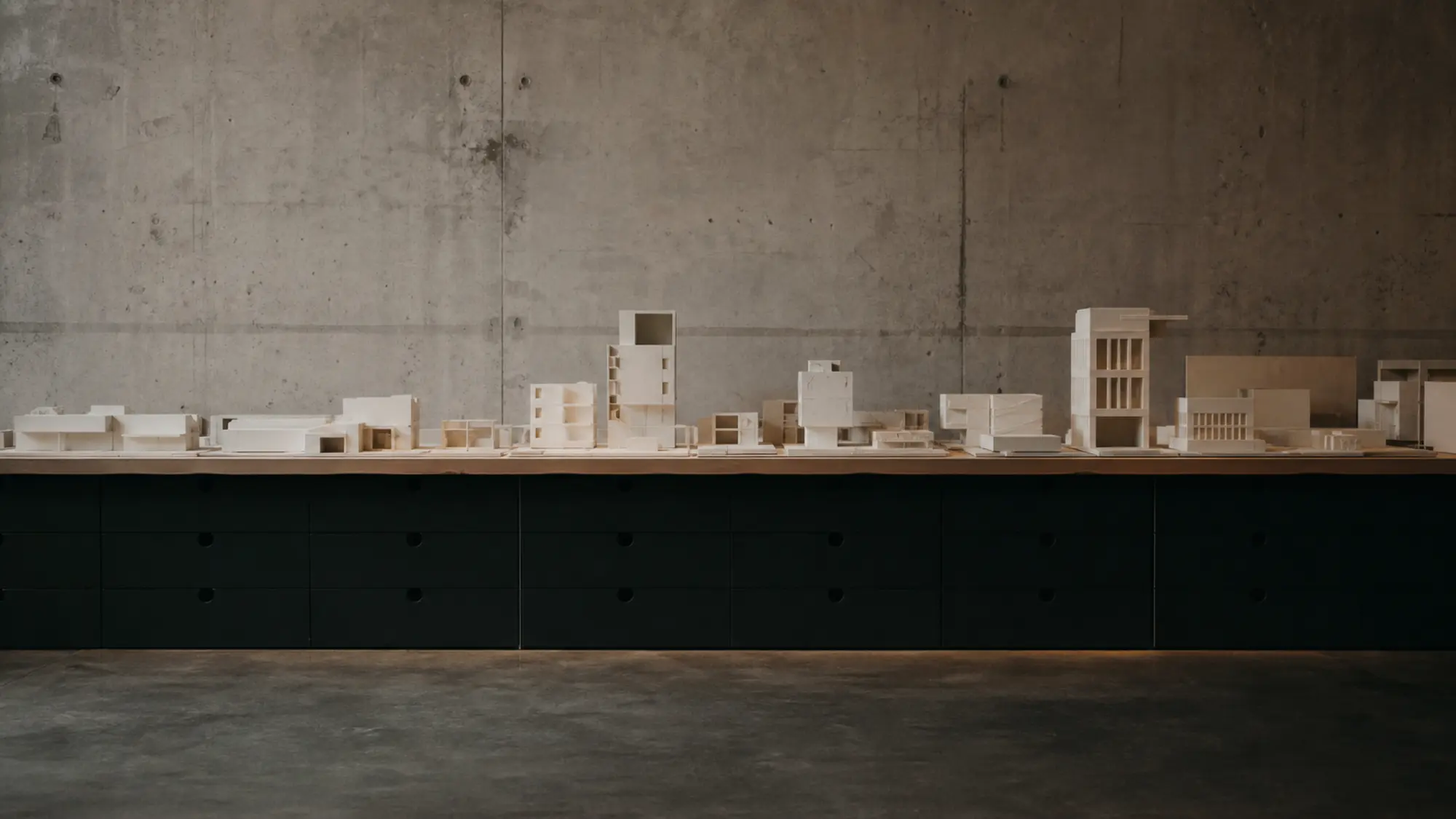Row of architectural study models on a studio bench, 3D visualiser professional indemnity insurance quote