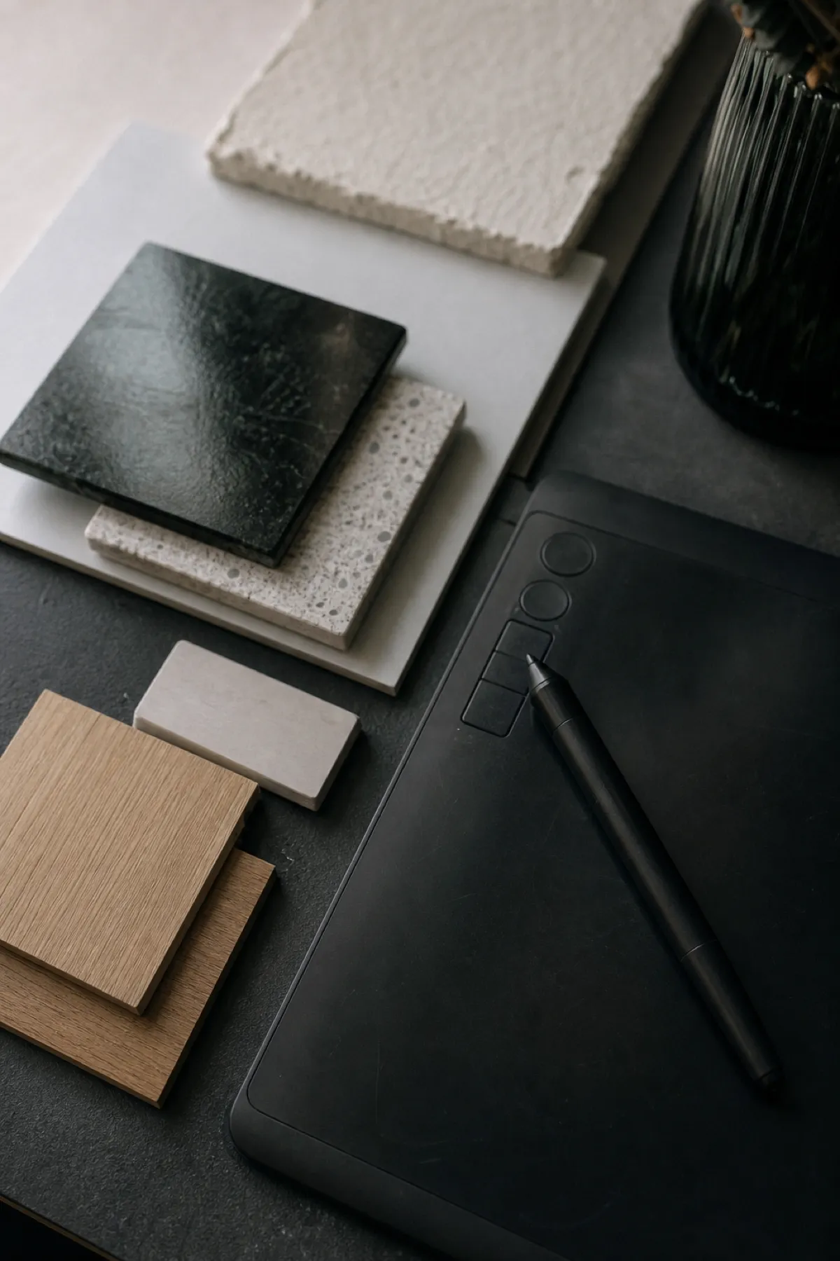 Stylus and finish sample chips on a render studio desk, professional indemnity cover for 3D visualisers