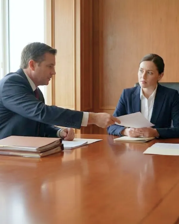 Business professionals exchanging professional indemnity insurance documents in a corporate boardroom