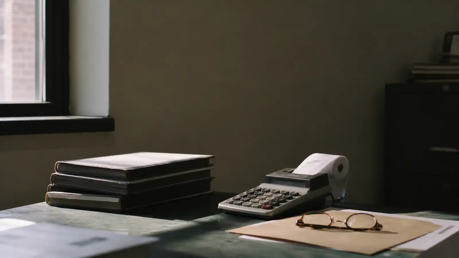 Bound ledgers, calculator and workpapers on a practice desk, accountant professional indemnity insurance