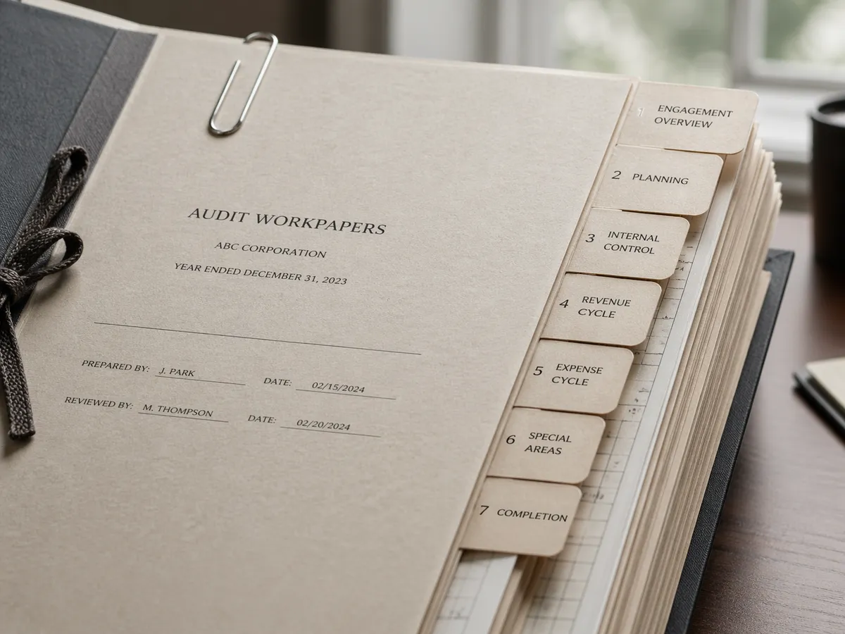 Audit workpapers and financial documents on an accountant's desk, representing the scope of professional indemnity cover