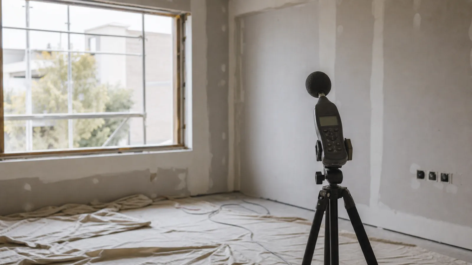 Sound level meter on a tripod in an unfinished apartment, acoustic consultant PI insurance