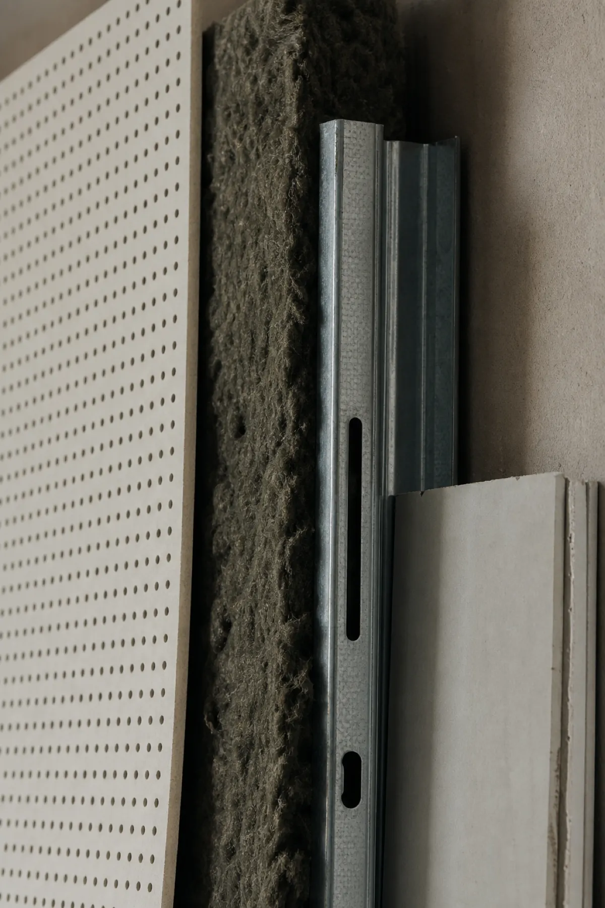 Acoustic wall build-up material samples stacked in sequence, professional indemnity cover for acoustic consultants