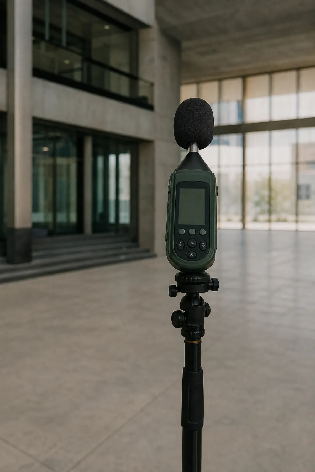 Sound level meter on tripod during a noise assessment, work covered by acoustic engineer PI insurance