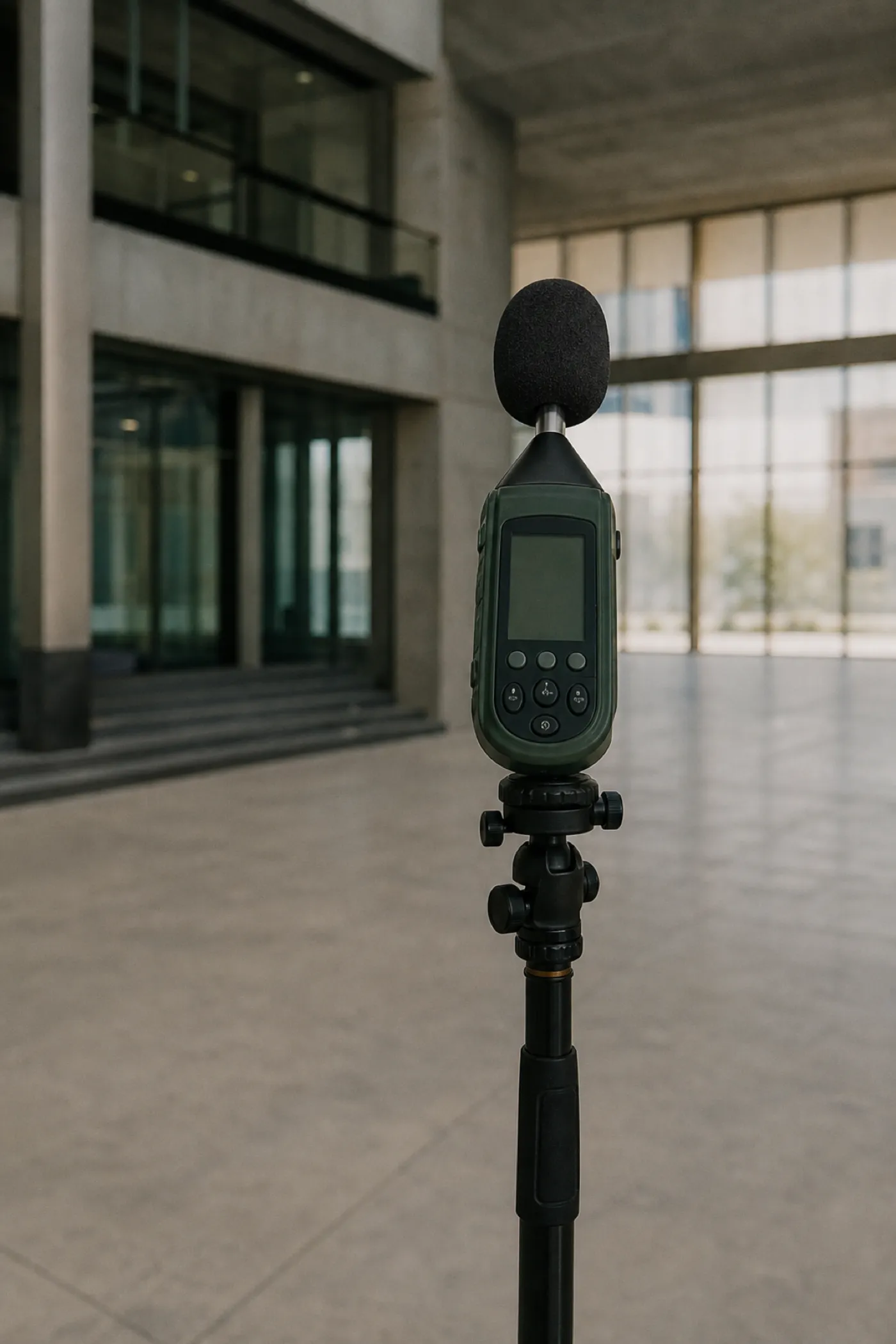 Sound level meter on tripod during a noise assessment, work covered by acoustic engineer PI insurance