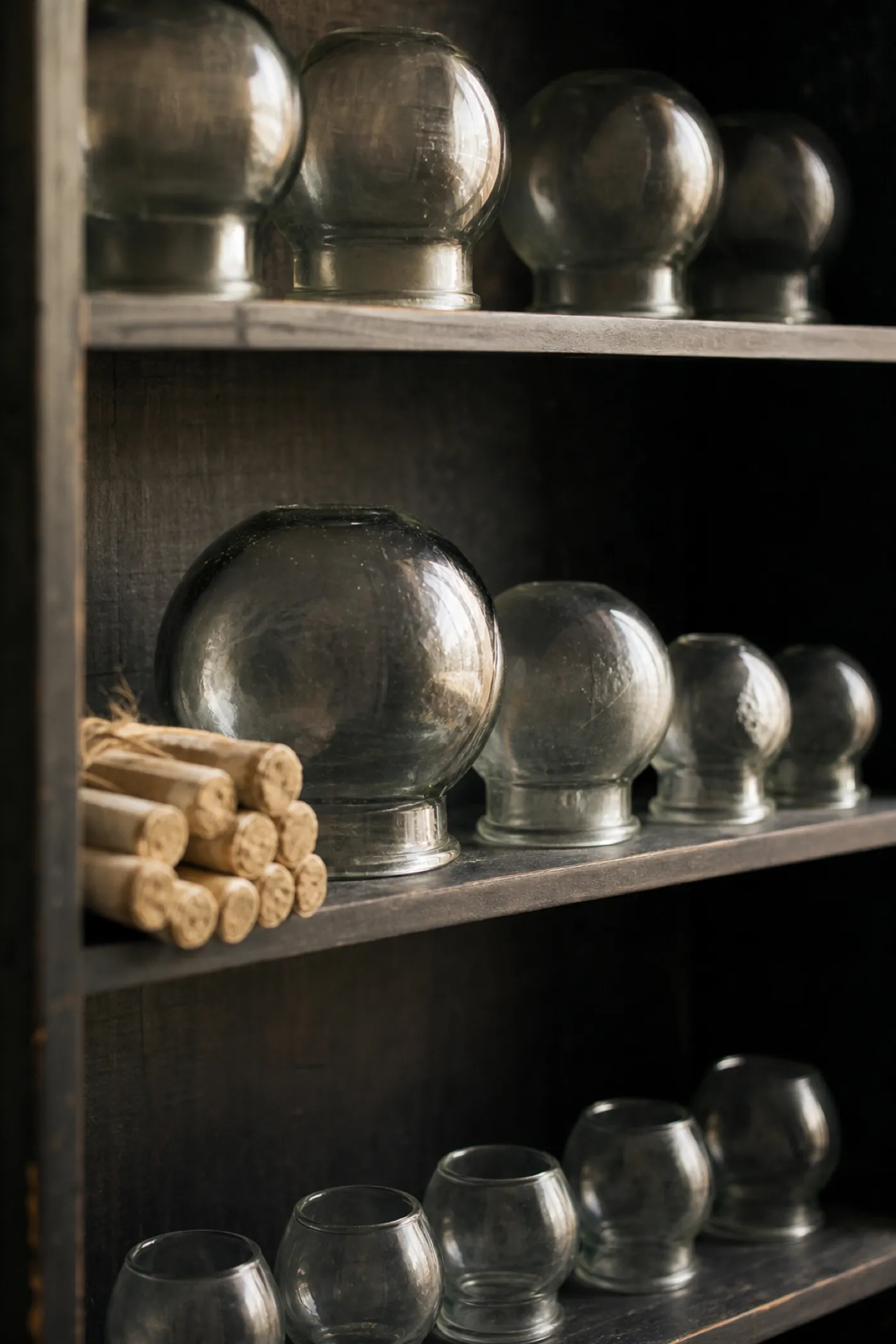 Glass cupping jars and moxa sticks on a clinic shelf, professional indemnity cover for acupuncturists