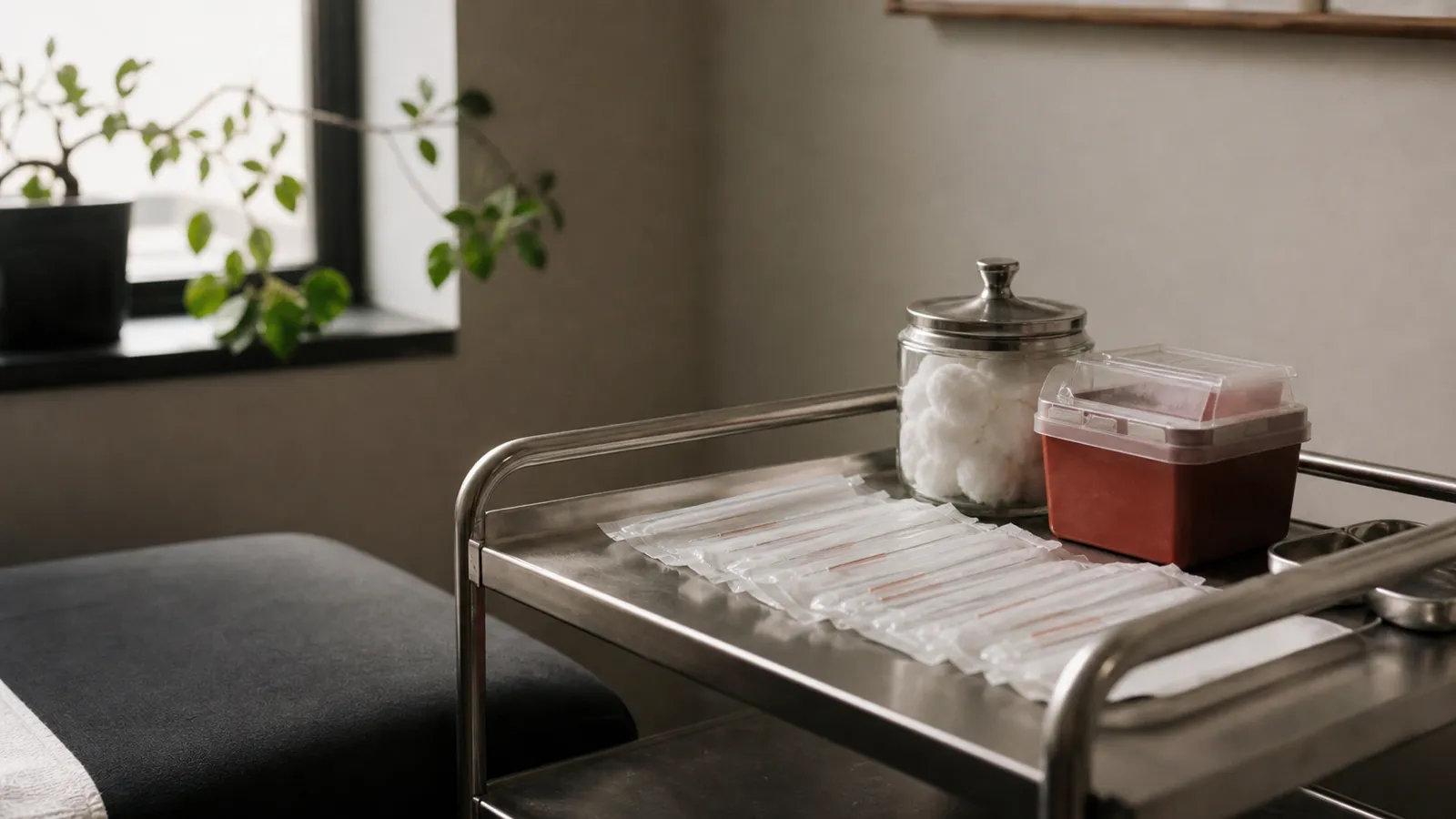 Sealed sterile needle packets on a clinic trolley, acupuncturist PI insurance