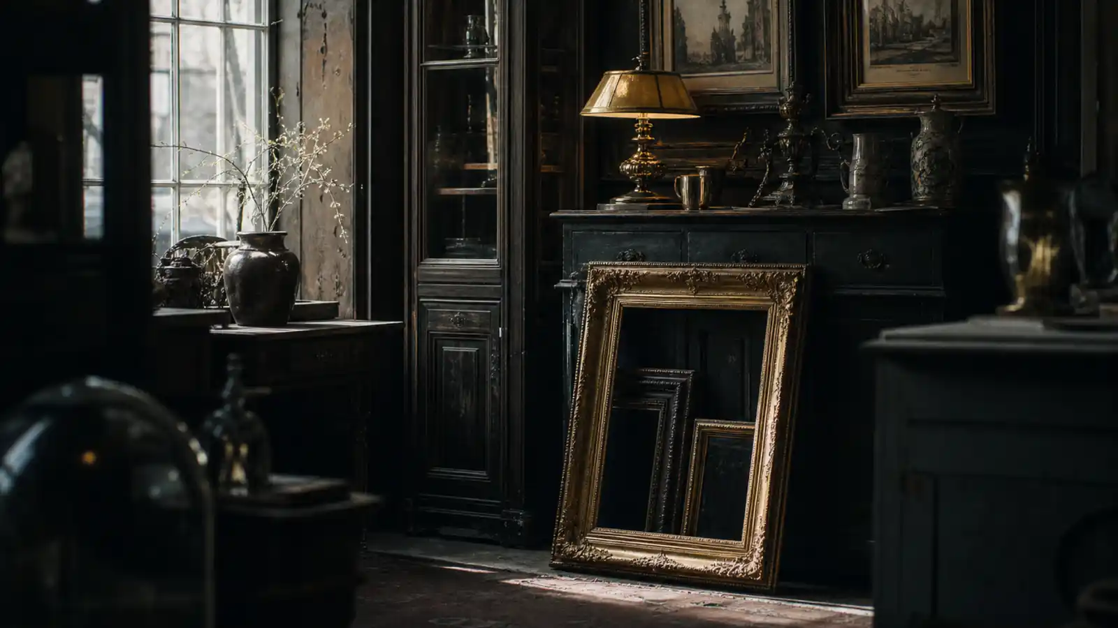 Timber cabinets and gilt frames in an antiques shop, antiques dealer professional indemnity insurance
