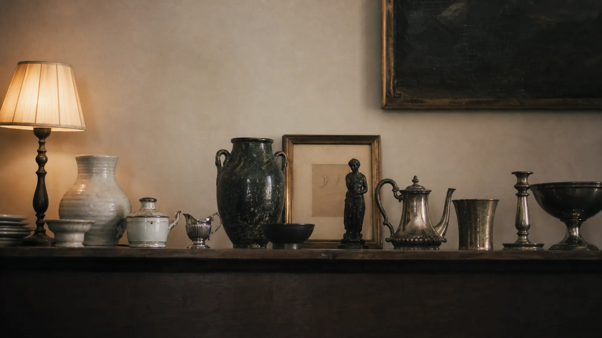 Shelf of ceramics and silverware in an antiques shop, antiques dealer professional indemnity quote