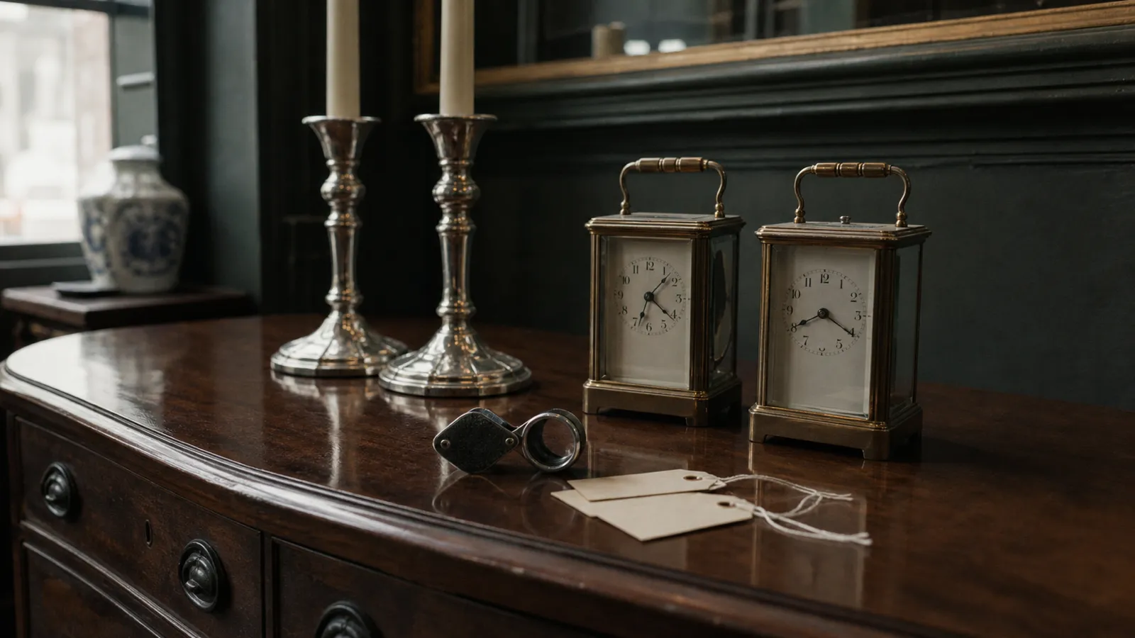 Carriage clocks and loupe on a mahogany sideboard, antiques dealer PI insurance