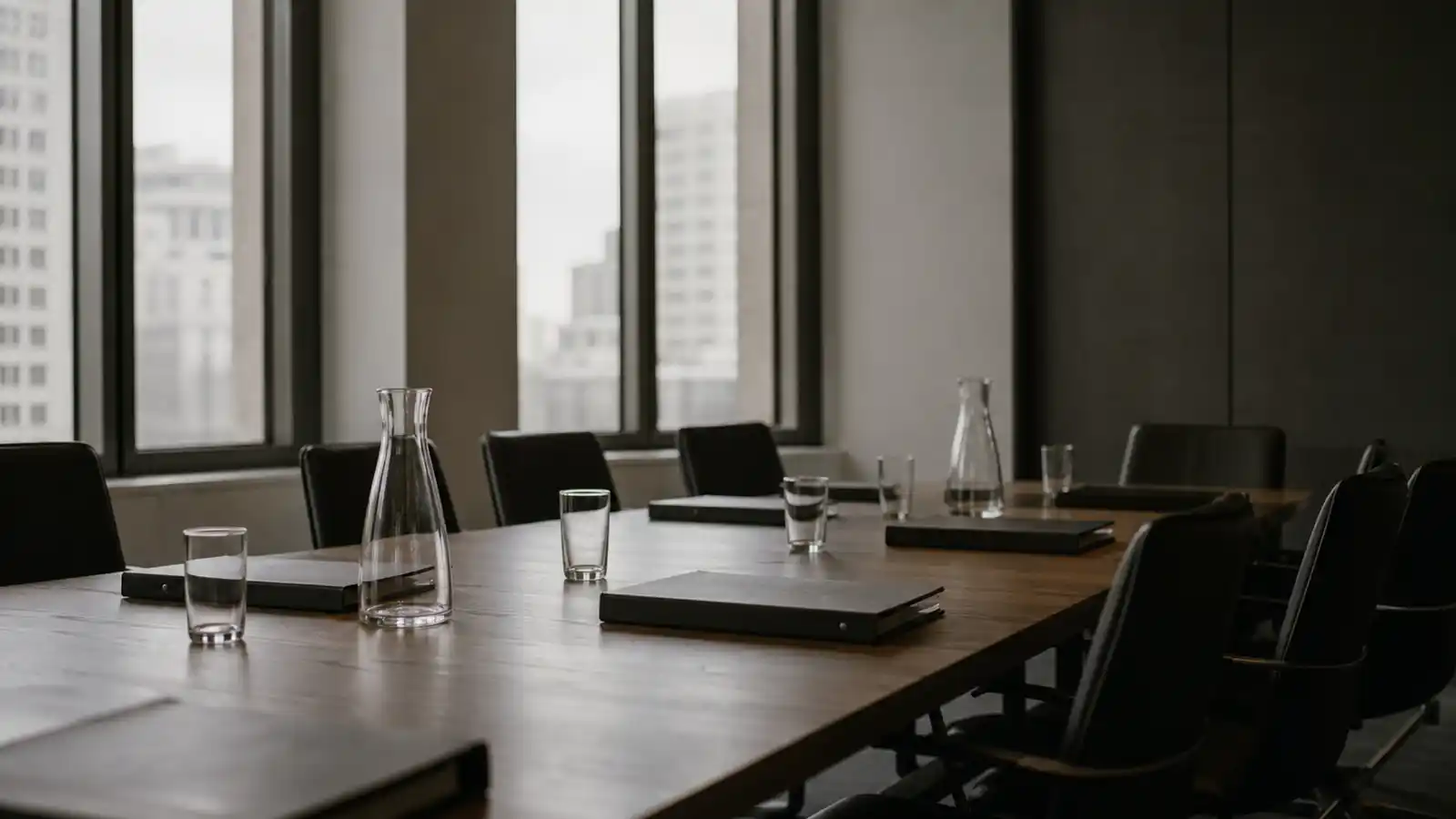 Empty hearing room table set with folders and carafes, arbitrator professional indemnity insurance