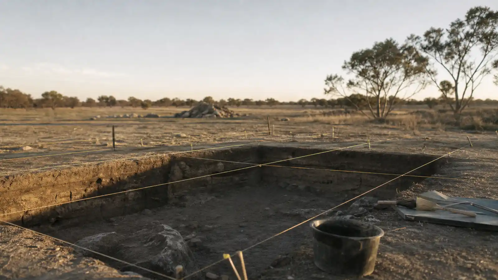 String-gridded excavation trench at dawn, archaeologist professional indemnity insurance