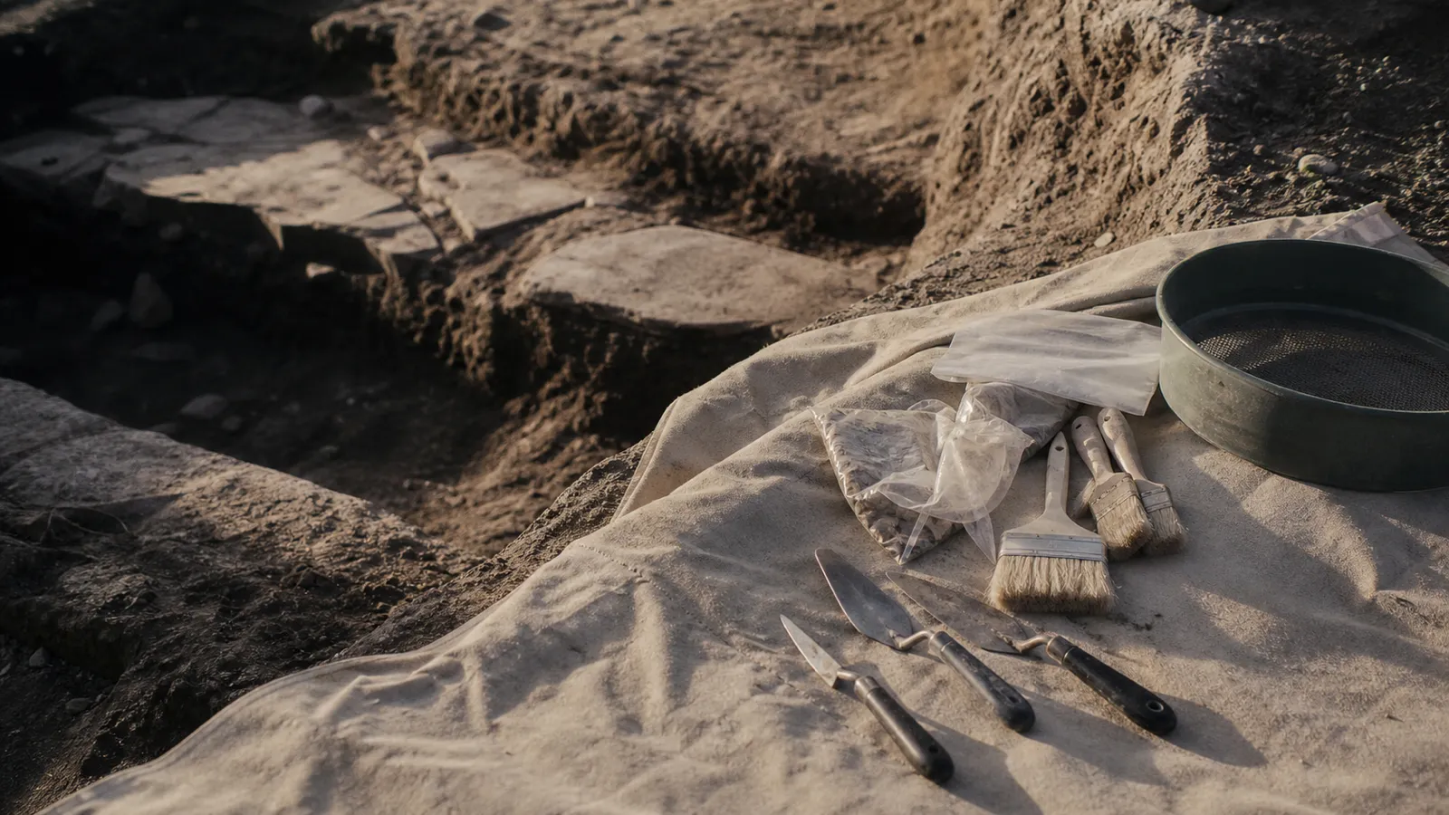 Trowels, brushes and sieve on a tarp at a dig site, archaeologist PI insurance