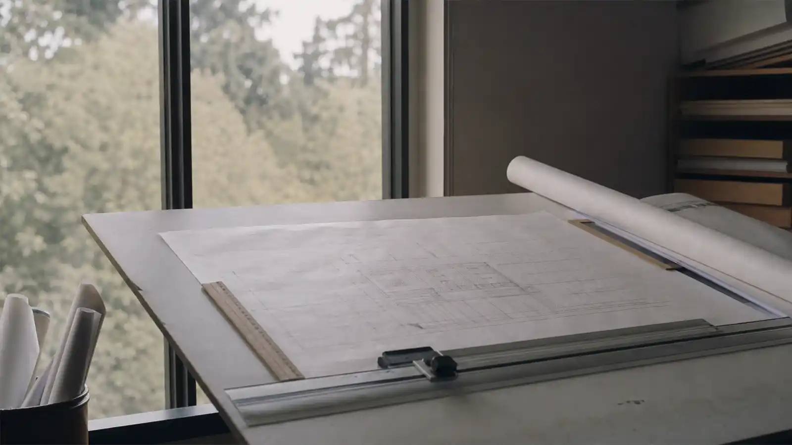 Drafting table with rolled drawings and scale rule, architect professional indemnity insurance