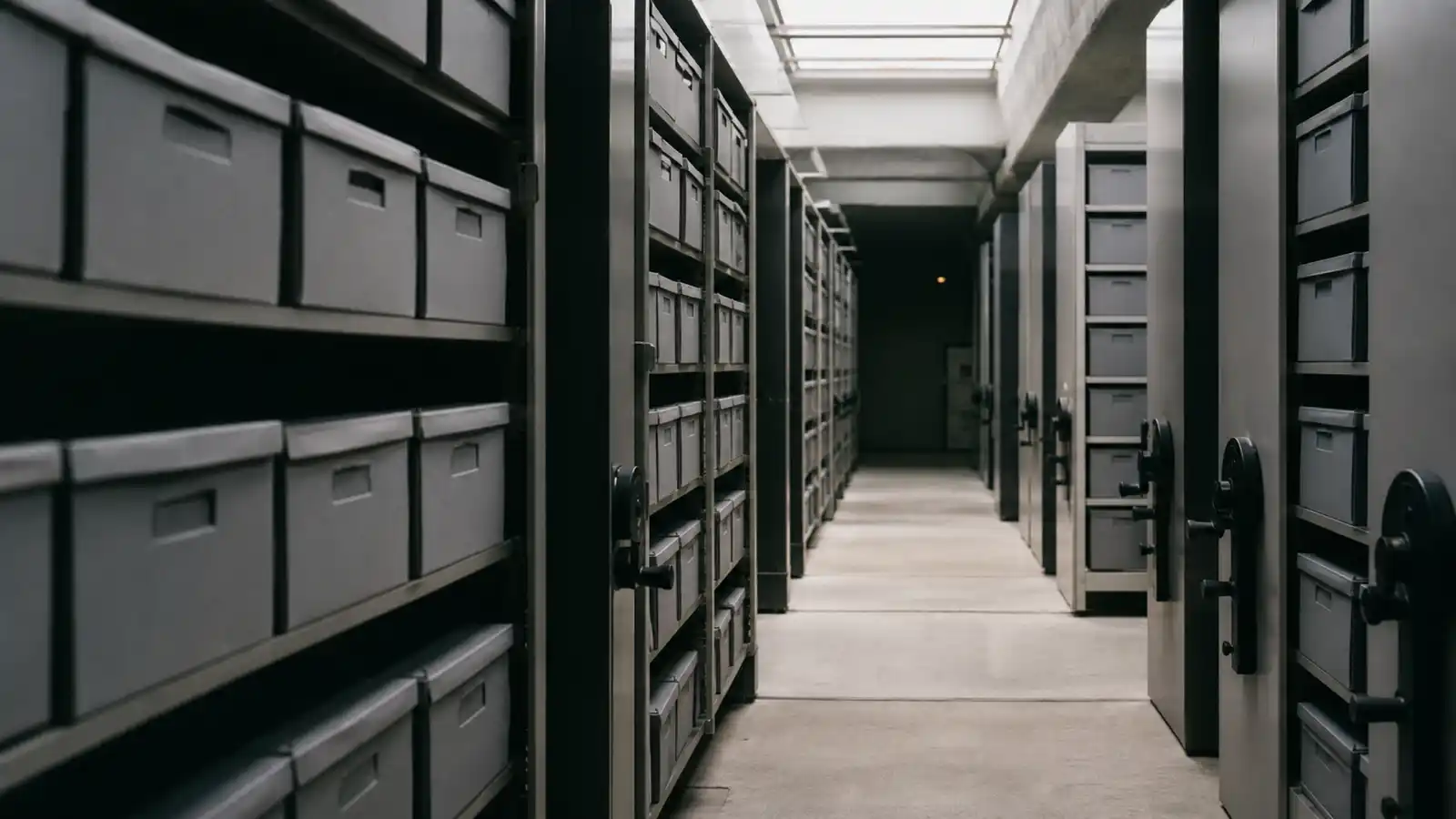Compactus shelving aisle of archive boxes, archivist professional indemnity insurance