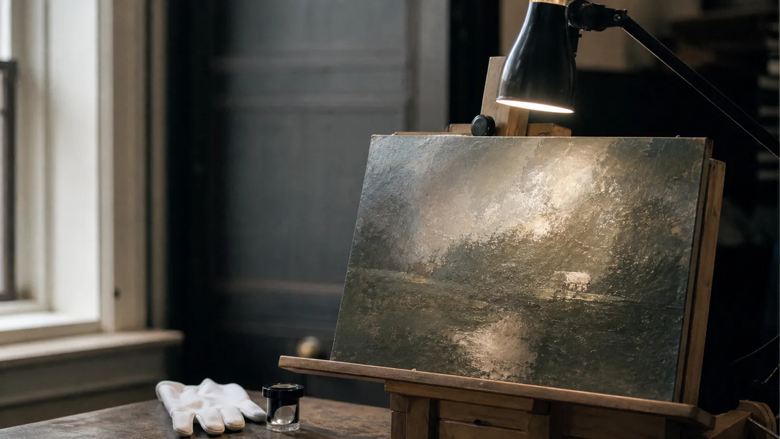 Painting on an easel under an inspection lamp with loupe, art valuer PI insurance