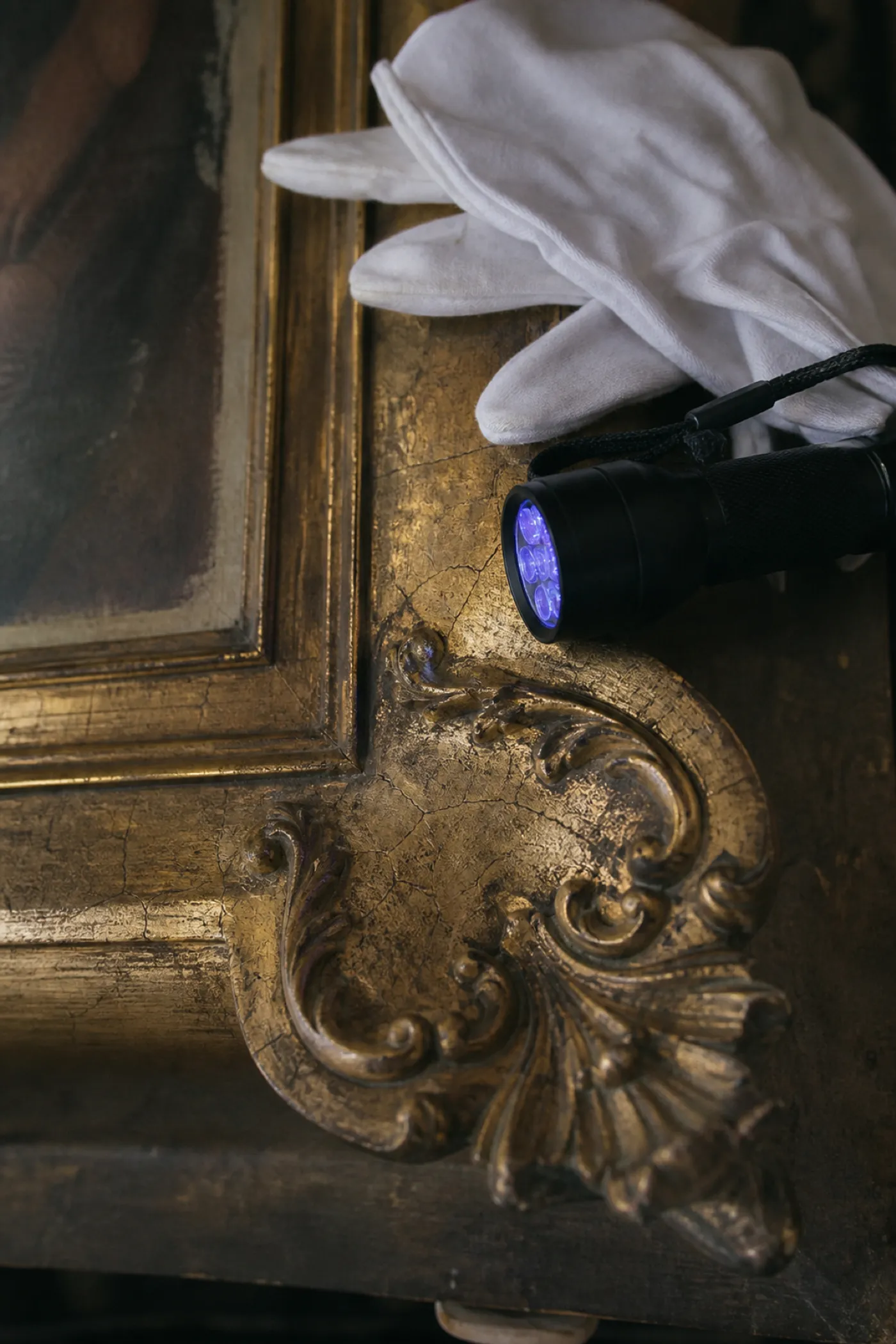Gilt frame corner with gloves and UV torch, professional indemnity cover for art valuers