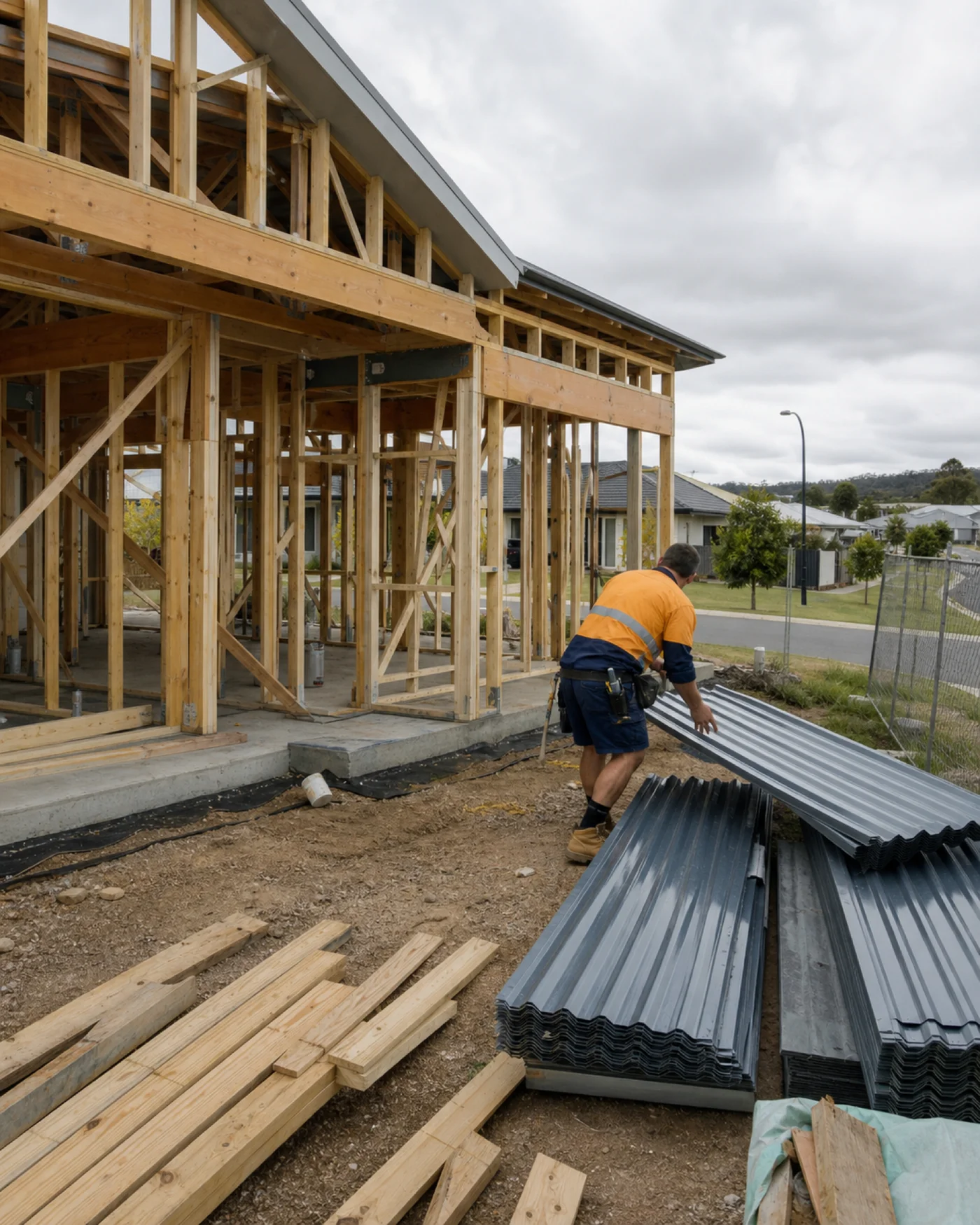 Australian residential construction site at framing stage