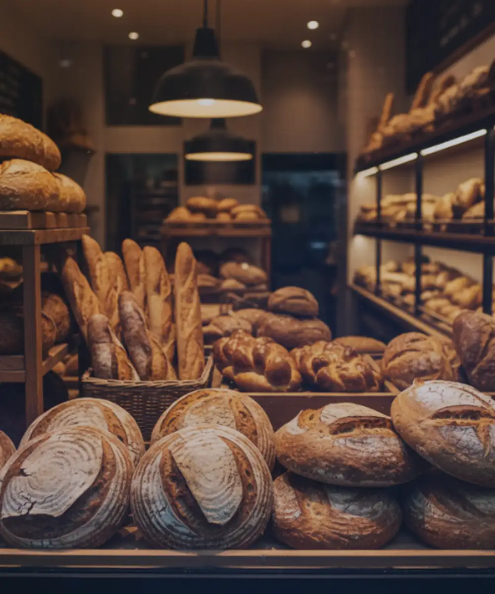 A wide variety of artisan bread and pastries on display in a warm, lit bakery, highlighting the need for spoiled stock and business contents insurance.