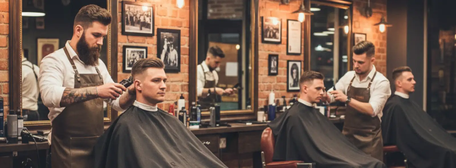 Busy industrial-style barbershop with multiple staff members serving clients, illustrating the need for comprehensive business insurance for high-traffic shops.
