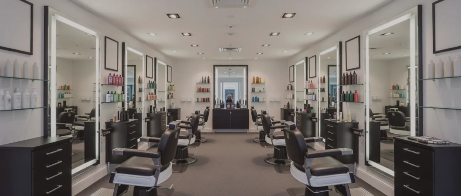 Modern, brightly lit barbershop interior with high-end LED mirrors and leather chairs, representing shopfront and contents insurance for hair salons and barber businesses.