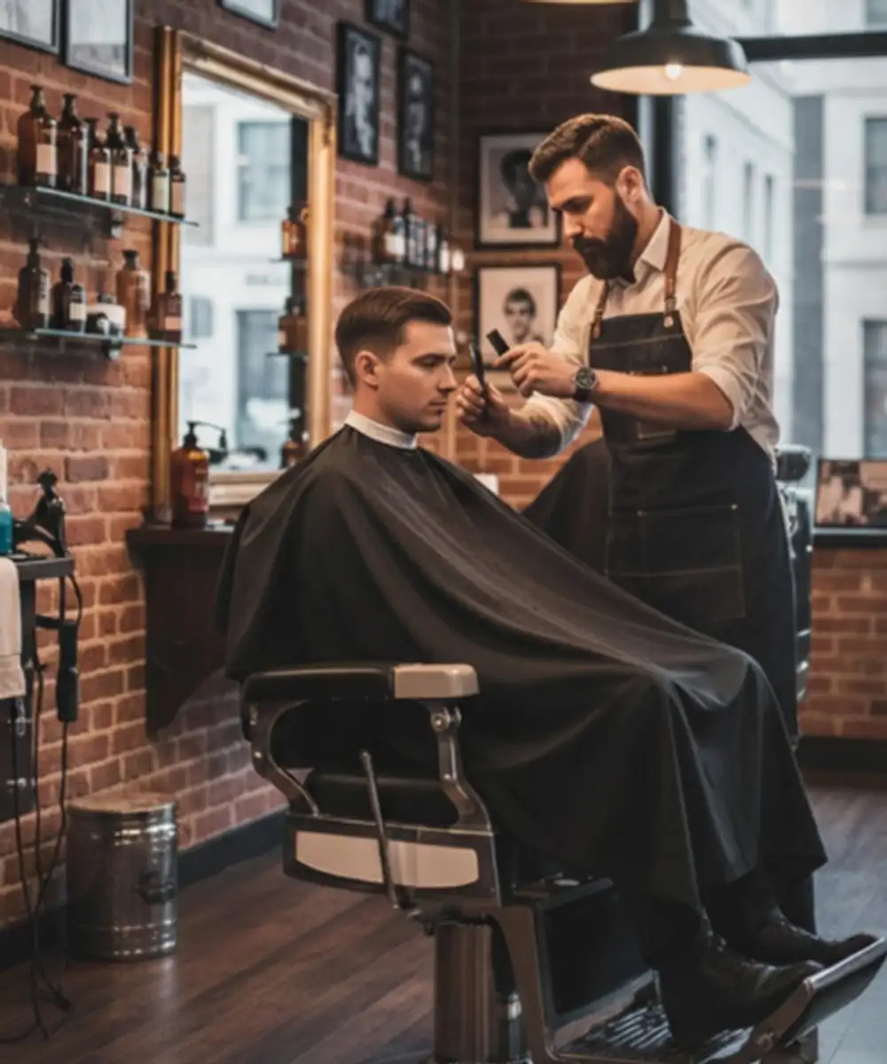 Professional barber in a vintage-style shop performing a precision haircut, representing public liability and treatment risk insurance for barbers.