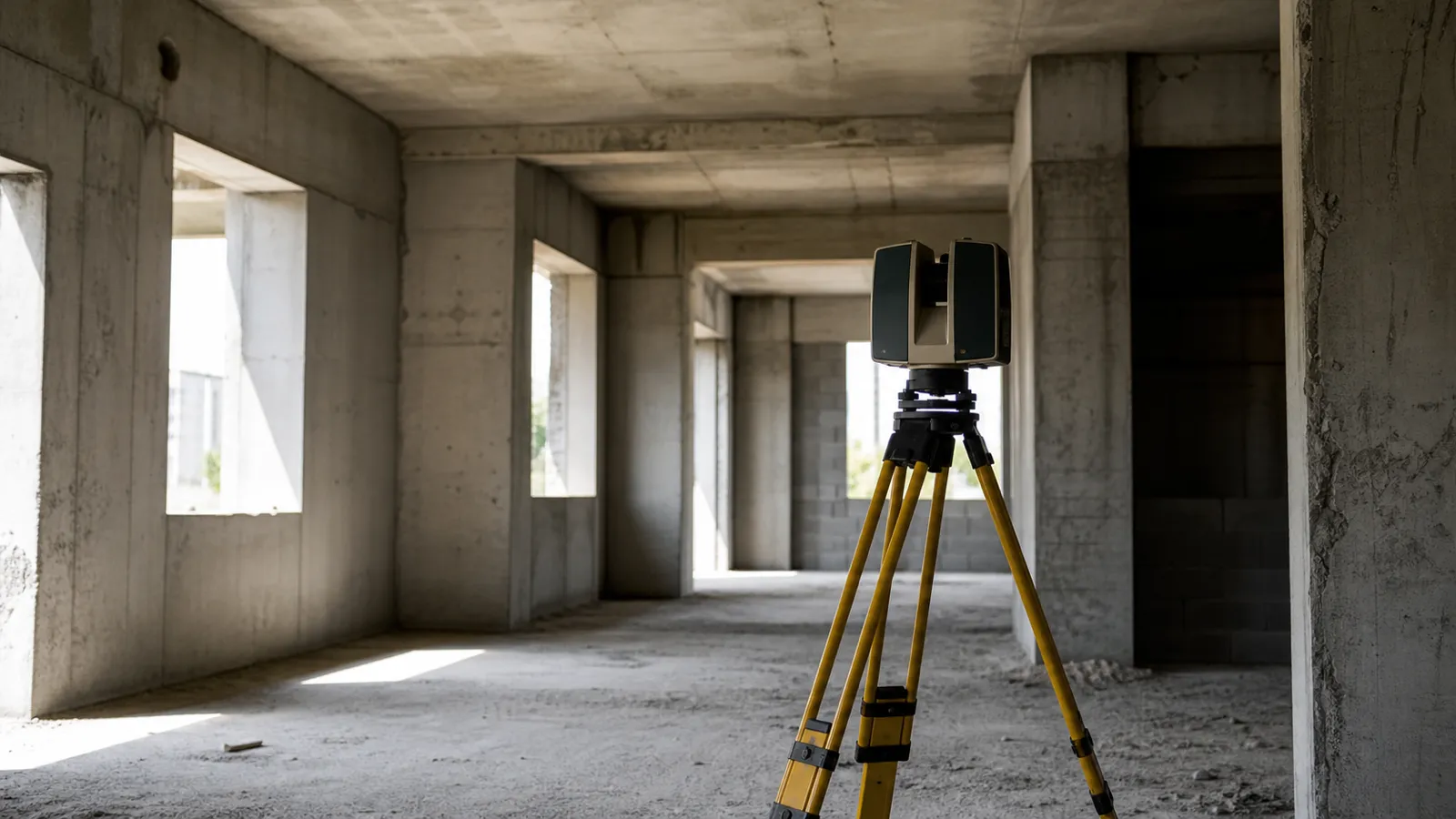 Laser scanner on a tripod inside a concrete shell, BIM manager PI insurance