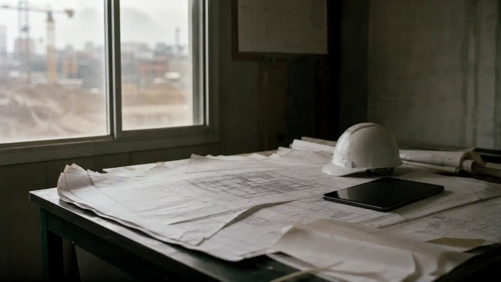 Coordination drawing sets and hard hat on a site office table, BIM manager professional indemnity insurance