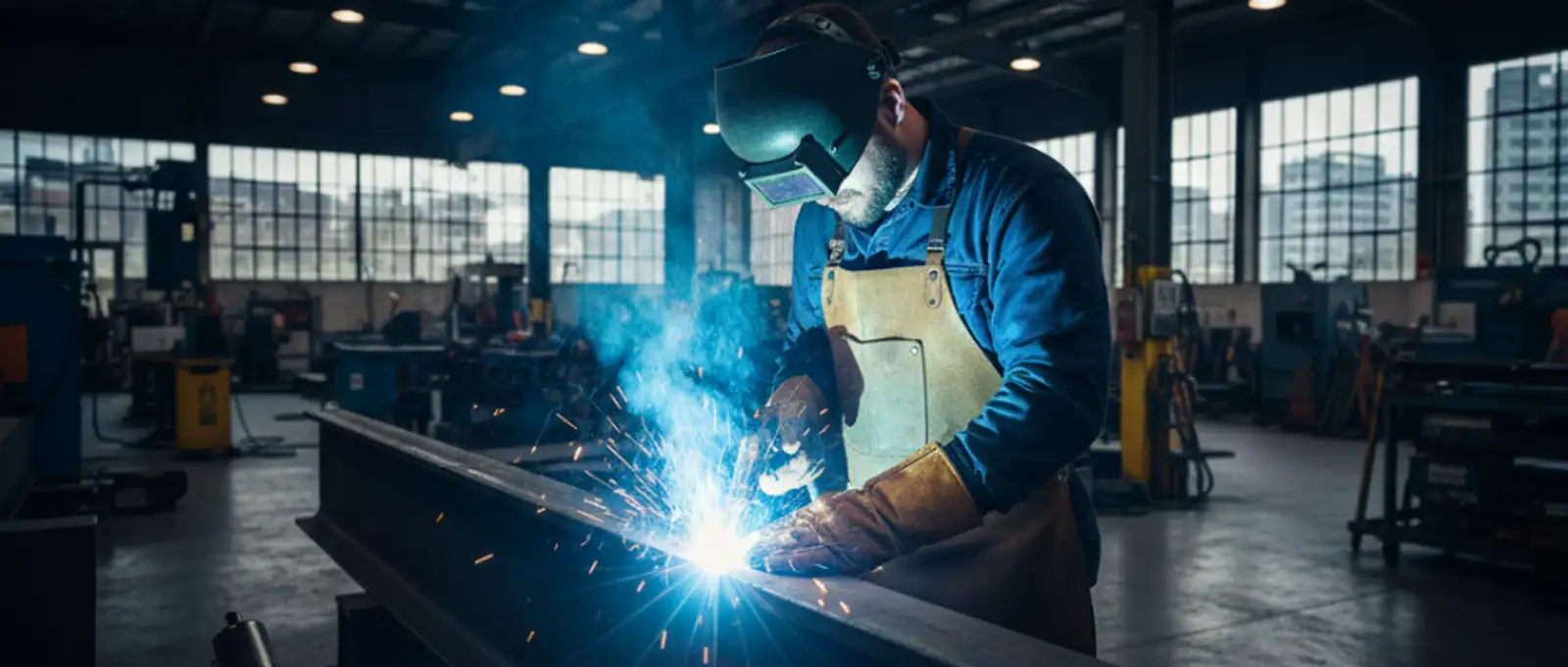 Welder working on a large steel beam in a spacious industrial workshop, illustrating the need for workshop and tools insurance for boilermakers.