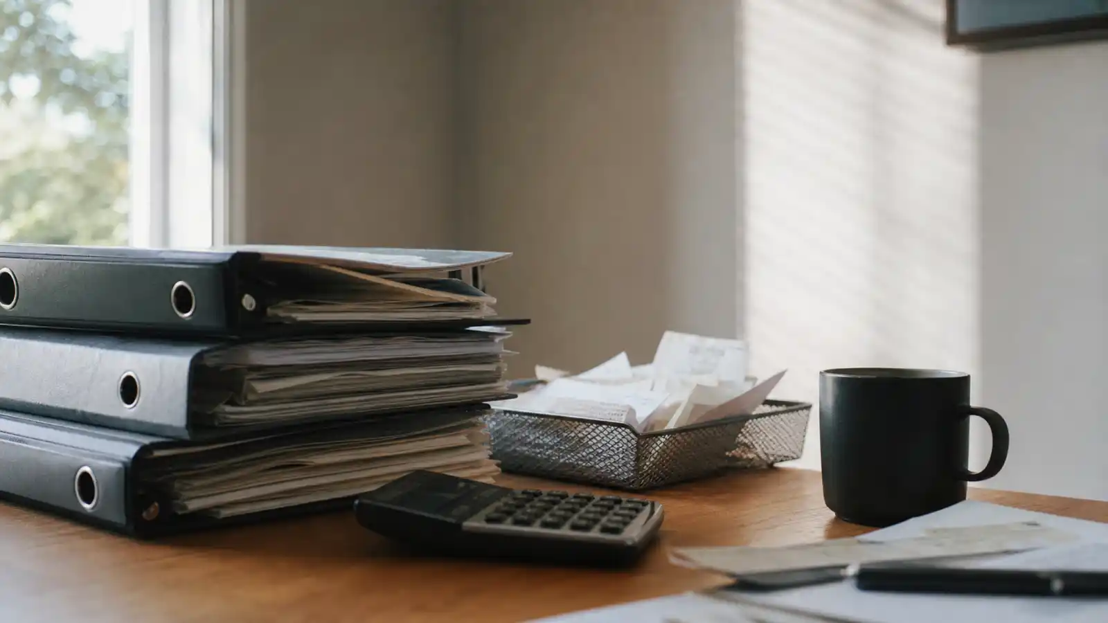 Ring binders, receipts and calculator on a bookkeeping desk, bookkeeper professional indemnity insurance