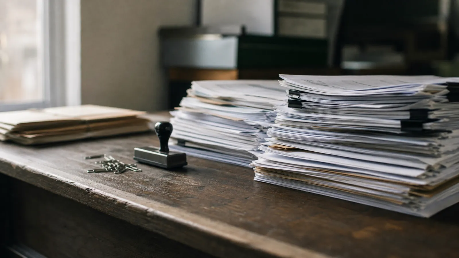 Receipts sorted into piles with a date stamp, bookkeeper PI insurance