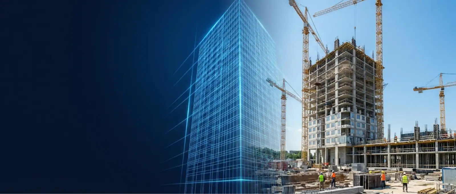 Construction workers on-site with building design wireframe representing Design and Construct insurance for professional advice