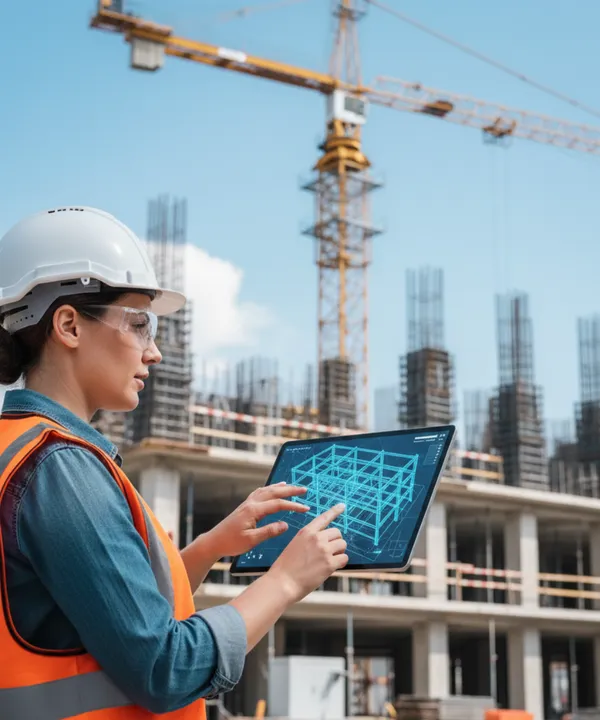 Construction manager reviewing 3D structural model on tablet, demonstrating Design and Construct risk management