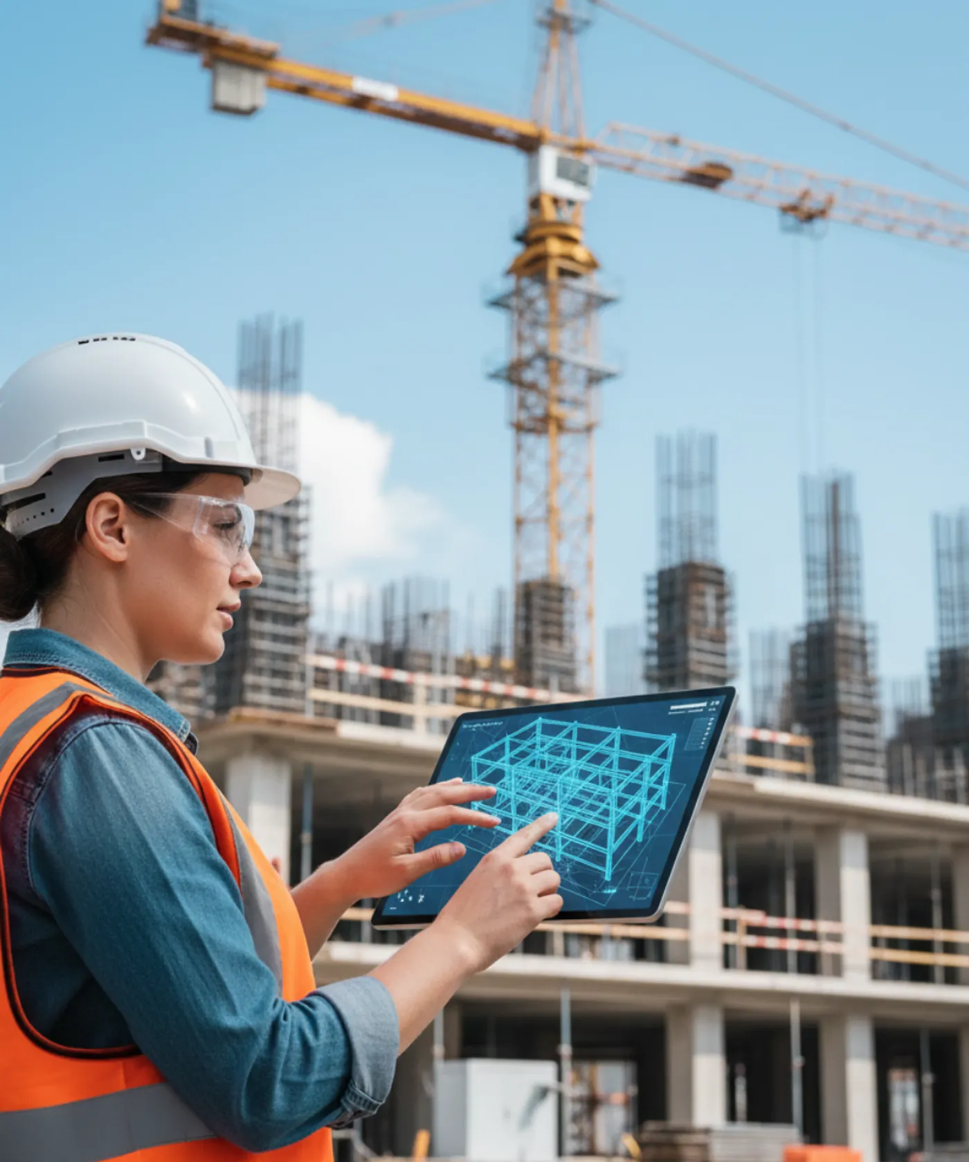 Construction manager reviewing 3D structural model on tablet, demonstrating Design and Construct risk management