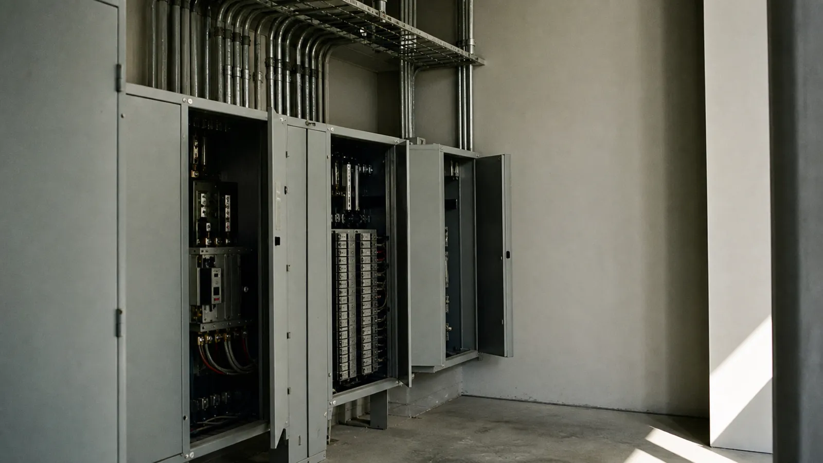 Commercial switchboard room with rising conduits - building services engineering risk