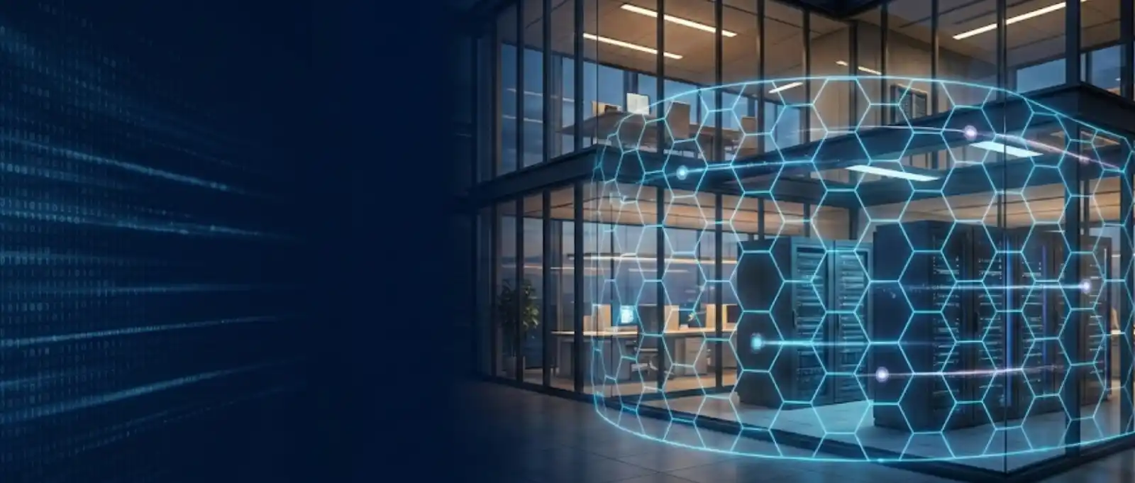 Modern data center server racks protected by a glowing blue digital security shield, representing cyber insurance and data protection.
