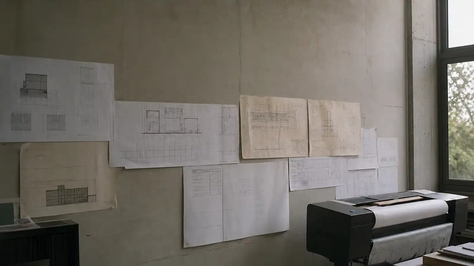Plotted technical drawings pinned in a drawing office, professional indemnity insurance for CAD operators