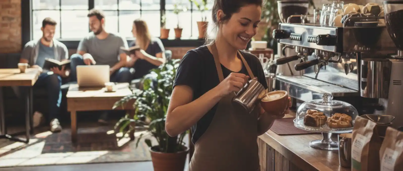 Friendly barista preparing specialty coffee at a busy cafe counter, representing public liability and equipment breakdown insurance for cafes.