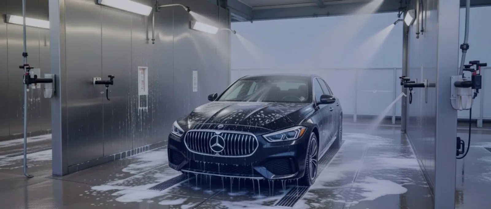 A modern Mercedes-Benz in a clean, professional car wash bay with stainless steel walls and overhead sprayers, representing comprehensive property and liability insurance for car wash facilities.