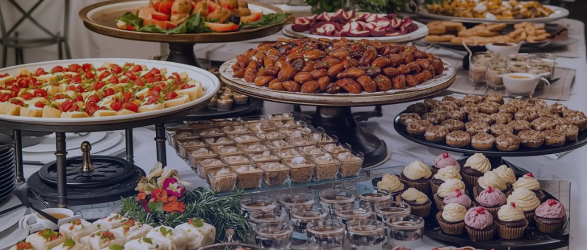 Professional catering buffet spread featuring a variety of savory appetizers, gourmet desserts, and decorated cupcakes for a large-scale event.