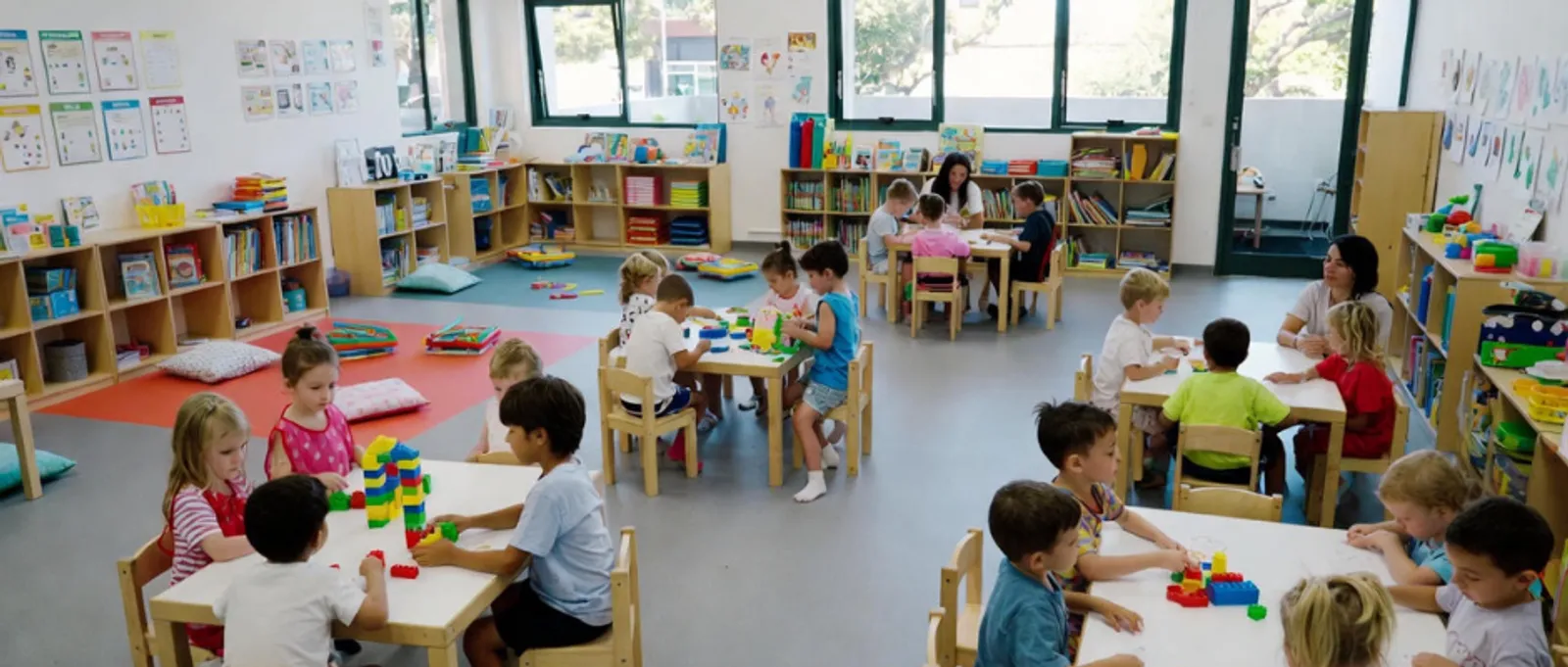Indoor classroom setting of a commercial daycare centre with young children engaged in educational block play and group activities at small tables.