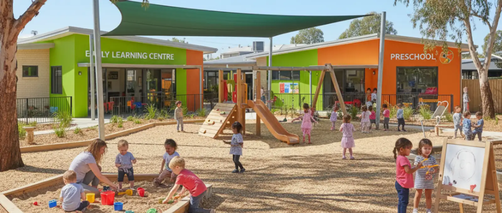 Group of children playing on a multi-level playground slide and swing set at a childcare centre, demonstrating active play and supervision.