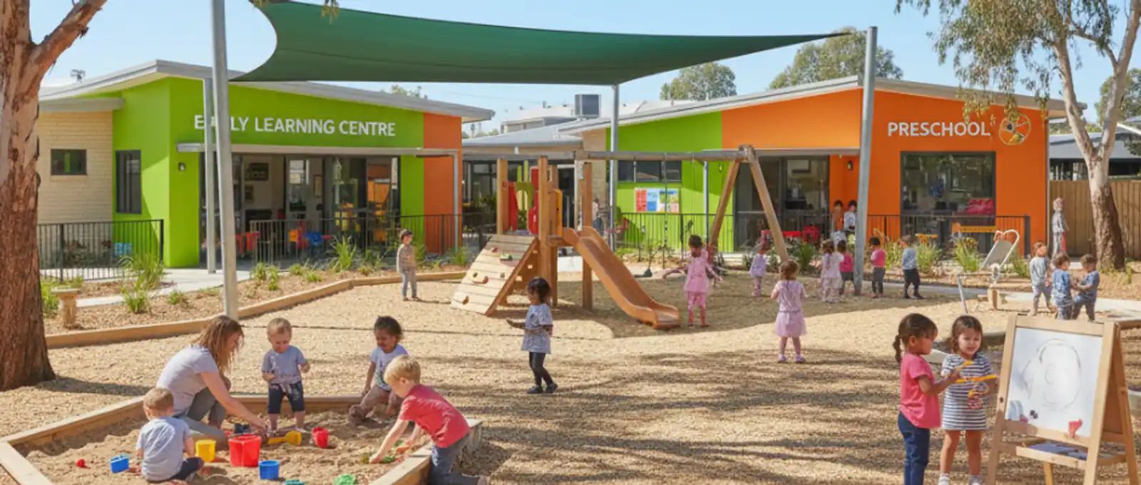 Group of children playing on a multi-level playground slide and swing set at a childcare centre, demonstrating active play and supervision.