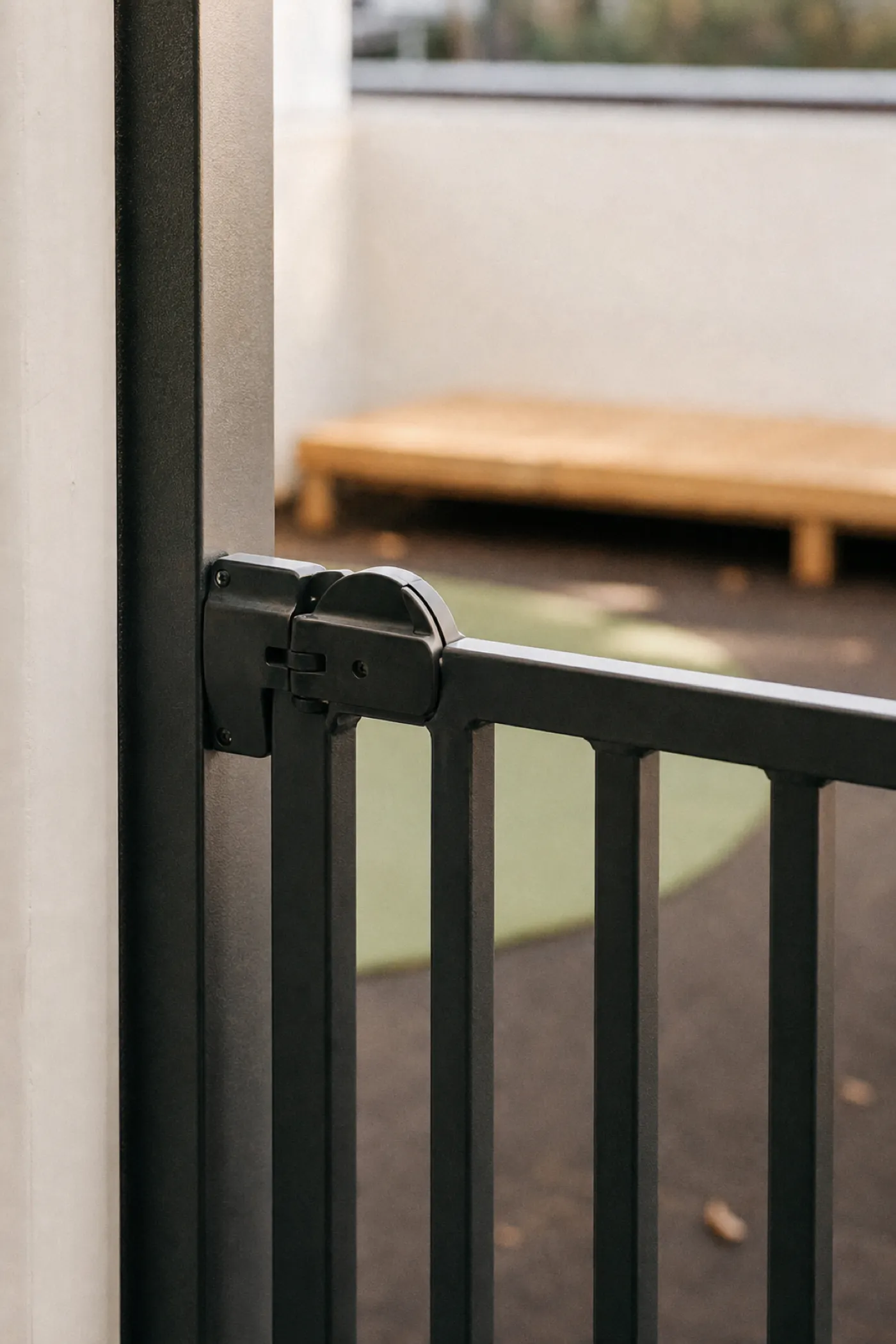 Self-closing safety gate latch on childcare fencing, common property covered by strata insurance