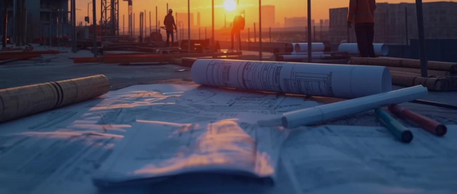 Construction blueprints and design drawings on a civil construction site at sunset – representing the professional indemnity and design liability risks covered by civil construction insurance