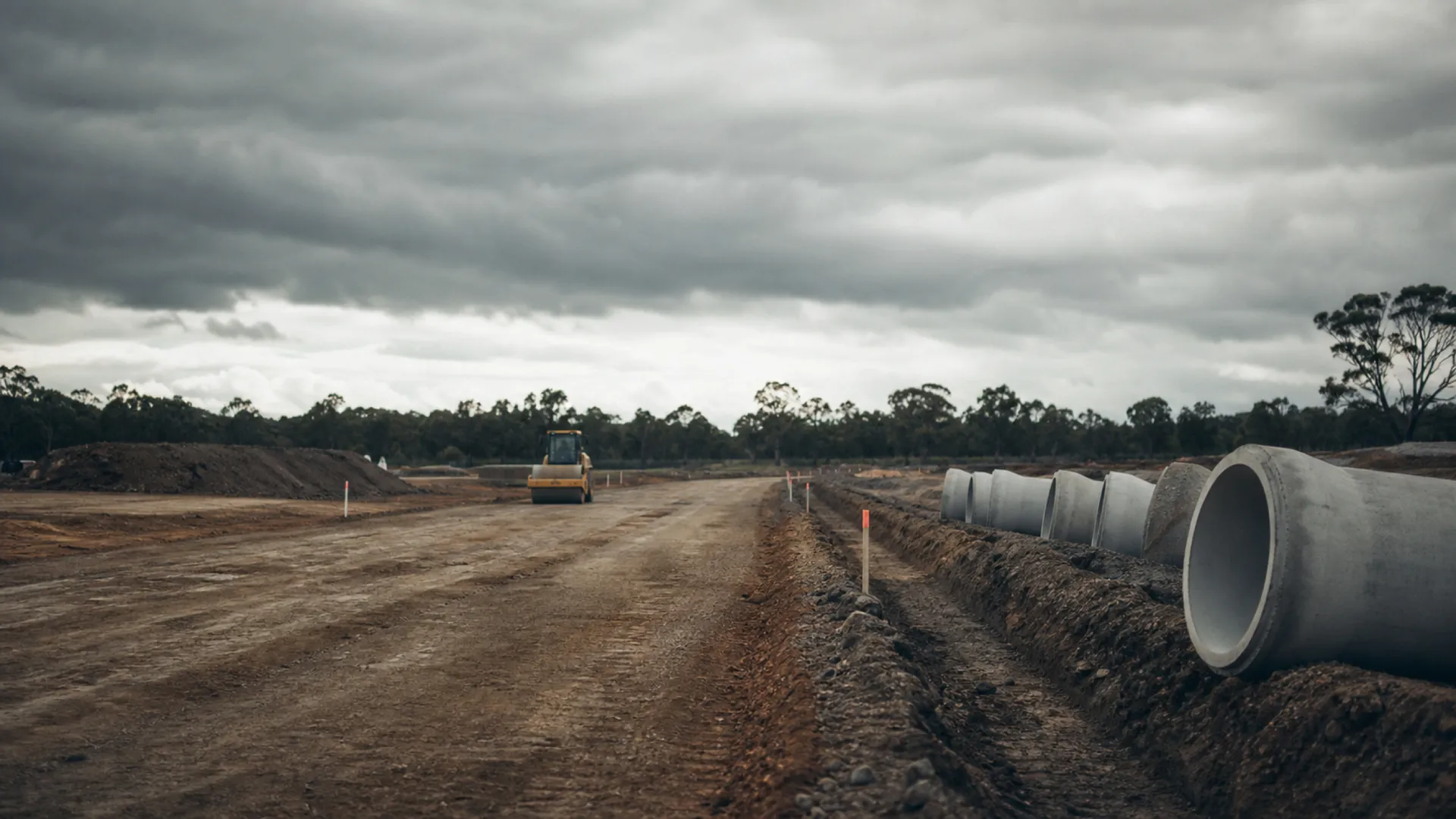 Graded road corridor with stormwater pipes and earthworks - civil contract works insurance