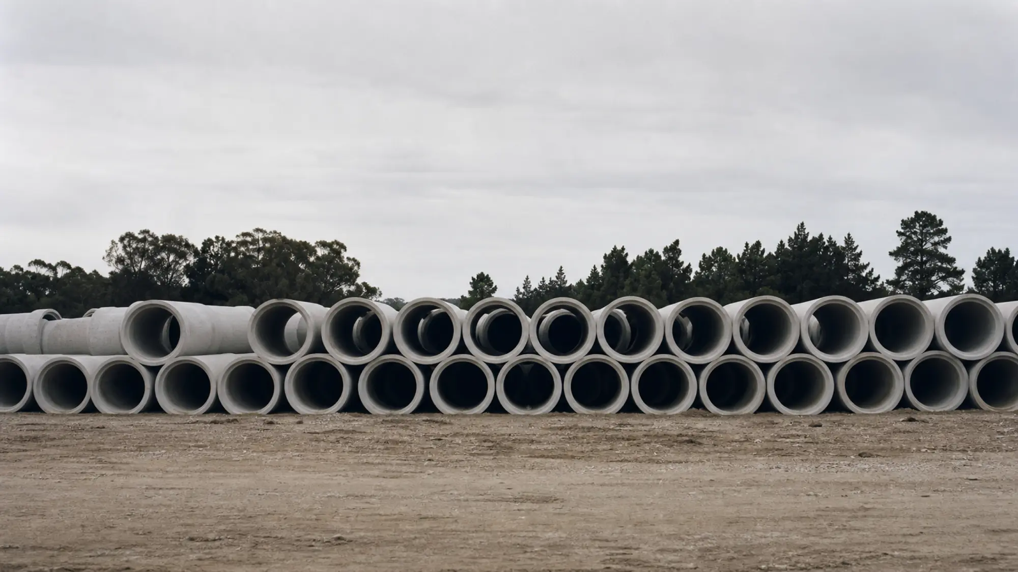 Stacked concrete stormwater pipes at a civil works laydown yard - civil contract works insurance