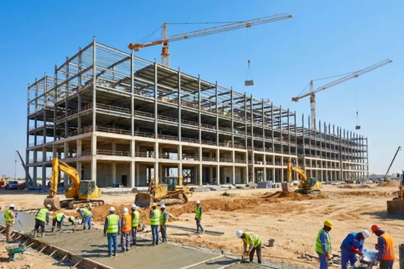 Panoramic view of commercial construction site with steel frame structure and multiple cranes - builders annual policy coverage